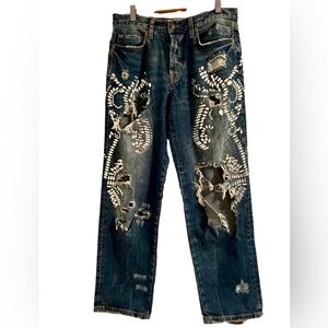 Free People Bejeweled Blue Distressed Straight Leg Jeans Size 26